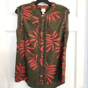 a new day Green Top Tank with Pink Leaf Print Sz S Sleeveless Button Down